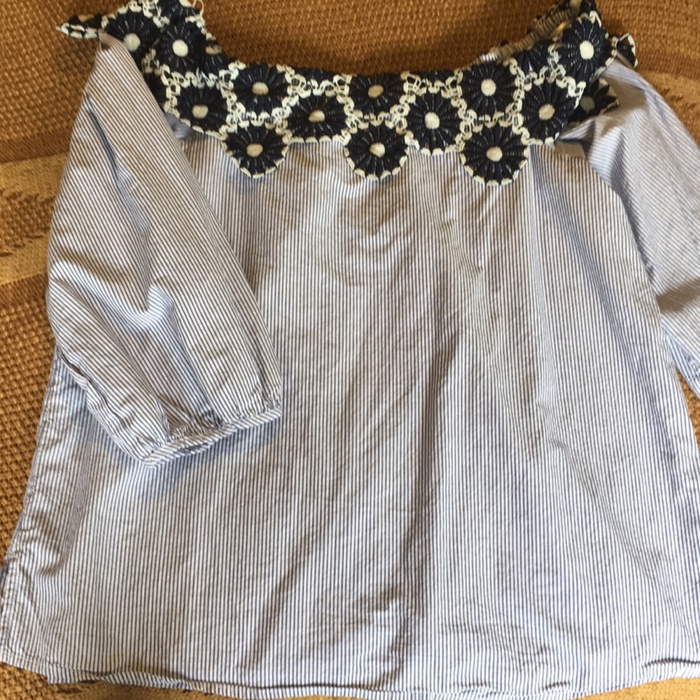 LOFT Off shoulder blue/white striped blouse.